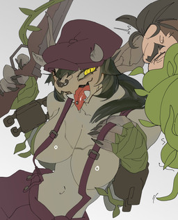 anthro bdsm big_breasts black_hair bondage bottomwear bound breasts clothing dominant dominant_female duo facial_piercing female female_on_human grey_body grey_skin gun hair holding_gun holding_object holding_ranged_weapon holding_weapon human_on_anthro interspecies ivy_(plant) male male/female nose_piercing nose_ring pants piercing ranged_weapon ring_piercing suspenders tongue tongue_out tongue_piercing vine_bondage weapon yellow_eyes yolabayola1 deadlock_(game) valve ivy_(deadlock) jacob_lash gargoyle human mammal 2026 absurd_res hi_res