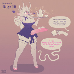 accessory after_transformation anatomically_correct anatomically_correct_genitalia anatomically_correct_penis animal_genitalia animal_penis anthro antlers big_breasts bottomwear bow_tie breasts cervine_genitalia cervine_penis clothing corset corset_dress erection erection_under_skirt eyewear genitals glasses gynomorph hooves horn huge_breasts intersex legwear lingerie maid_apron maid_cafe maid_hat maid_headdress maid_uniform medial_ring penis penis_accessory penis_ribbon pink_hooves ribbons skirt solo stockings stroking_penis teapot topwear transformation uniform krim_hue cervine deer mammal new_world_deer white-tailed_deer 1:1 absurd_res hi_res