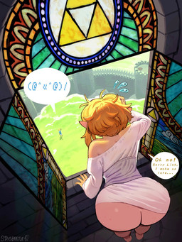 big_butt bodily_fluids butt clothing dialogue duo female long_ears male male/female nightgown rear_view speech_bubble stained_glass sweat sweatdrop triforce_symbol wardrobe_malfunction window stagbeetle_(artist) nintendo the_legend_of_zelda link princess_zelda humanoid hylian 3:4 hi_res