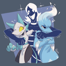 4_fingers blue_body blue_eyes blue_hair blue_tail breasts crossed_arms disembodied_hand female fingers front_view group hair machine male no_irises simple_background smile tail trio water white_body white_hair yellow_sclera advos deltarune undertale_(series) miss_mizzle rouxls_kaard tasque_manager darkner elemental_creature mizzle_(deltarune) robot water_creature 1:1 2025 digital_media_(artwork)