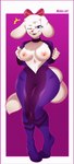 anthro blue_eyes bodysuit bow_(feature) breasts clothing exposed_breasts female flight_suit nipple_dip nipples one_eye_closed pink_nipples skinsuit solo tight_clothing wide_hips wink negullust nintendo star_fox fay_(star_fox) bird_dog canid canine canis domestic_dog hunting_dog mammal spaniel hi_res signature