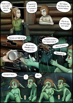 age_difference balls bodily_fluids breasts butt clothed clothing covering covering_eyes covering_face crying dialogue duo dysphoria female flaccid flashback foreskin forest genitals green_body green_skin hand_on_shoulder implied_transformation male male/female medium_breasts nipples nude older_female penis plant pointy_ears pubes raining shortstack tears text towel tree vulva greenbuncafe roadkill_(greenbuncafe) sodacan_(greenbuncafe) goblin human humanoid mammal absurd_res colored comic digital_drawing_(artwork) digital_media_(artwork) english_text hi_res shaded signature
