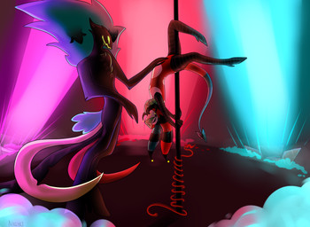 dancing duo empty_eyes eyes_closed green_eyes hand_on_belly male pole pole_dancing red_body red_skin tail teeth nigirioff hellaverse helluva_boss asmodeus_(helluva_boss) fizzarolli_(helluva_boss) demon humanoid imp 2023 absurd_res digital_drawing_(artwork) digital_media_(artwork) hi_res