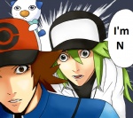 brown_eyes brown_hair clothing dialogue freckles green_eyes green_hair group hair hat headgear headwear human_focus male not_furry_focus parody text trainer wide_eyed r2125 third-party_edit death_note nintendo pokemon hilbert_(pokemon) l_(death_note) light_yagami n_(pokemon) generation_5_pokemon human mammal oshawott pokemon_(species) 2010 english_text redraw