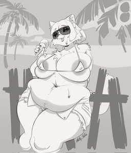 anthro belly belly_overhang big_breasts breasts dessert eyewear female food huge_breasts ice_cream markings melting_ice_cream mole_(marking) navel open_mouth overweight solo sunglasses tail kirikatt felid feline mammal hi_res