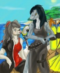 anthro boat clothed clothing cloud diving_mask duo female fin grin island knife mask outside rope scuba sea sky smile summer swimwear tongue tongue_out tropical vehicle water watercraft wetsuit kaeaskavi arran_swiftide fenja fish mammal marine pinniped seal shark absurd_res hi_res