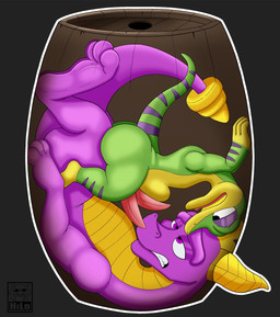 2_horns 2_penises abdominal_bulge anal anal_penetration anthro barrel big_butt black_eyes butt duo fallen_hero genitals green_body green_scales green_tail half-closed_eyes horn in_barrel interspecies looking_pleasured male male/male male_penetrated male_penetrating male_penetrating_male multi_genitalia multi_penis multicolored_body multicolored_scales narrowed_eyes penetration penile penile_penetration penis penis_in_ass purple_body purple_eyes purple_nose purple_scales purple_tail scales sex side_view stuck stuck_together tail teeth thick_thighs tongue two_tone_tail yellow_body yellow_horn yellow_nose yellow_scales yellow_tail itsme_hilo activision gex_(series) mythology spyro_the_dragon gex_the_gecko spyro dragon gecko lizard mythological_creature mythological_scalie reptile scalie 2025 digital_media_(artwork) hi_res signature