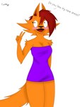 anthro big_breasts black_nose blush breasts clothed clothing dress ear_tuft female fluffy fluffy_tail fur gesture hair hand_gesture orange_body red_hair short_dress simple_background smile solo tail text thick_thighs tight_clothing tuft v_sign coyotebass xanny_(coyotebass) canid canine canis coyote mammal absurd_res digital_media_(artwork) hi_res