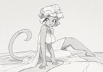 2023 anthro big_breasts breasts conditional_dnp felid feline female jewelry jollyjack looking_at_viewer mammal monochrome necklace nipple_outline slit_dress solo