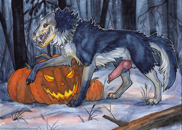 animal_genitalia animal_penis balls big_fangs blue_body blue_eyes blue_fur blue_tail bone canine_genitalia canine_penis collar erection fangs feral food fruit fur genitals glistening glistening_eyes grey_collar knot knotted_penis looking_at_viewer male male_feral open_mouth outside penis plant pumpkin side_view skull skull_head solo spiked_collar spikes tail teeth white_balls white_body white_fur white_tail heatherwolf canid canine mammal