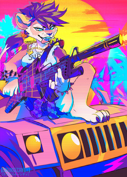 5_fingers anthro bracelet breasts brown_hair car electric_guitar eyebrows eyelashes female fingers fur guitar gun hair jewelry musical_instrument necklace on_hood playing_guitar playing_music plucked_string_instrument ranged_weapon rifle smile solo spikes string_instrument tail tail_tuft tongue tongue_out tuft vehicle weapon grungecandy felid lion mammal pantherine