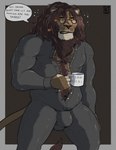 anthro body_hair brown_body brown_fur bulge chest_hair clothing coffee_cup coffee_mug container cup dialogue eyewear fur glasses male mane mature_anthro mature_male mug musclegut muscular muscular_anthro muscular_male onesie onesie_open pajamas slightly_chubby slightly_chubby_anthro slightly_chubby_male snarling solo speech_bubble text tired yellow_eyes kirlanlion armin_leopold felid lion mammal pantherine english_text hi_res