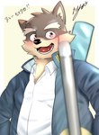 anthro belly blush canid canine canis domestic_dog eyebrows facial_scar fur grey_body grey_fur kt0414143919 lifewonders looking_at_viewer male mammal moritaka_(tas) scar slightly_chubby solo thick_eyebrows tokyo_afterschool_summoners