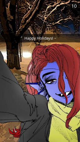 blue_body blue_skin camera_view exclamation_point female hair hair_over_eye one_eye_obstructed open_mouth outside plant red_hair solo text tree pushtheenter_(artist) slaaneshireptile_(artist) snapchat undertale undertale_(series) undyne animal_humanoid aquatic aquatic_humanoid fish fish_humanoid humanoid bust_portrait english_text portrait