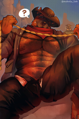 anthro big_muscles big_pecs body_hair brown_body brown_fur bulge chest_hair clothed clothing collared_shirt cowboy cowboy_hat dress_shirt facial_hair front_view fur hairy hat headgear headwear lasso male manly muscular mustache open_clothing open_shirt open_topwear pecs rope shirt solo topwear makota_toh canid canine canis domestic_dog mammal absurd_res hi_res