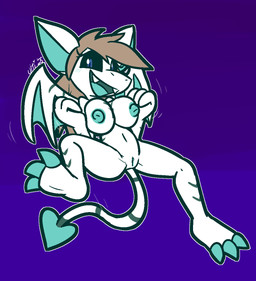 3_toes alternate_species anthro black_sclera blue_eyes blush breasts_together claws clitoris cute_fangs fangs feet female genitals looking_at_viewer motion_lines nipples nude open_mouth pupils purple_background simple_background smile solo spade_tail spread_legs spreading tail teal_inner_ear teal_nipples teal_vulva teal_wings teeth toe_claws toes vulva white_wings wings ultilix isabella_einfalt demon imp 2025 hi_res