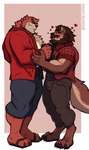 anthro beard blush clothed clothing collar collar_pull dominant dominant_male duo facial_hair fur hairy_pecs male male/male multicolored_body multicolored_fur muscular muscular_anthro muscular_male mustache shy simple_background solo tail aereous the_boy_and_the_beast kumatetsu canid canine canis mammal wolf absurd_res hi_res