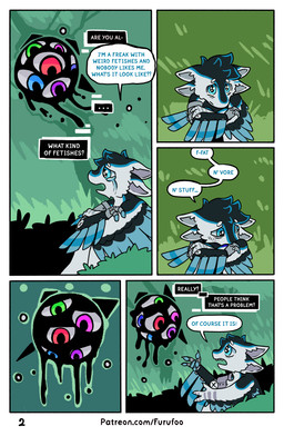 ambiguous_gender amputee anthro blue_eyes bodily_fluids crying dialogue disability duo prosthetic prosthetic_wing sad sitting tears text wings furufoo avali void_being void_monster absurd_res comic english_text hi_res url nonbinary_(lore)