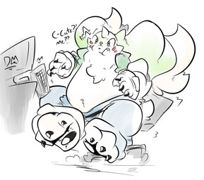 4_fingers abstract_background anthro bottomwear chair chest_tuft claws clothing computer_keyboard computer_monitor facial_markings finger_claws fingers flustered fur furniture green_body green_fur head_markings horn jacket long_ears male markings office_chair pants pawpads shocked slightly_chubby solo surprised tan_body tan_fur text toe_claws topwear tuft weighty-kyte bandai_namco digimon digimon_(species) gargomon english_text partially_colored
