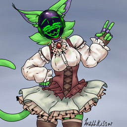 anthro blush blush_lines bottomwear clothing dress female fur green_body green_fur machine skirt smile solo victorian_clothing wallkisser cofi_(wallkisser) protogen 1:1