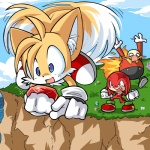 anthro big_eyes big_head chaos_emerald gem group helicopter_tail male toony unknown_artist sega sonic_the_hedgehog_(series) dr._eggman knuckles_the_echidna miles_prower canid canine fox mammal 1:1 absurd_res hi_res