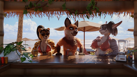 amber_eyes angry anthro athletic athletic_anthro athletic_female beach beach_bar beach_umbrella beverage big_breasts bikini bikini_top black_hair blue_eyes breast_squish breasts brown_body brown_fur cheek_tuft chest_tuft cleavage clenched_teeth clothed clothing countershading eyewear facial_markings facial_tuft female fist fur grey_body grey_skin group hair head_markings jealous light long_hair looking_at_another looking_at_breasts male markings muscular muscular_anthro muscular_female neck_tuft orange_body orange_fur outside palm_tree parasol plant ponytail sea smile spots spotted_body spotted_fur squish striped_body stripes sunglasses sunlight swimwear teeth tree trio tuft two-piece_swimsuit water whiskers yellow_body yellow_fur johnwulffe silverim_(modeler) chenira_(johnwulffe) guarez_(johnwulffe) canid canine canis cheetah felid feline felis fish mammal maned_wolf marine shark 16:9 3d_(artwork) digital_media_(artwork) hi_res widescreen