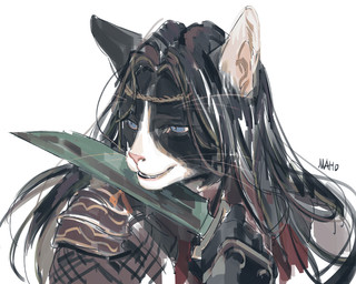 alternate_species anthro biped black_body black_ears black_fur black_hair clothing dagger fishnet_clothing fur furrification hair holding_object holding_weapon humanoid_hands kemono long_hair male melee_weapon monotone_hair multicolored_body multicolored_fur ninja open_mouth pink_inner_ear pink_nose simple_background smile solo teeth two_tone_body two_tone_fur warrior weapon whiskers white_background white_body white_fur white_whiskers kkron_m final_fantasy final_fantasy_xiv final_fantasy_xiv:_a_realm_reborn square_enix karasu_kanshi domestic_cat felid feline felis mammal bust_portrait digital_media_(artwork) portrait
