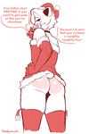 anthro biped blush butt christmas_clothing christmas_headwear clothed clothing dialogue eyelashes glistening glistening_butt hat headgear headwear holidays looking_at_viewer looking_back looking_back_at_viewer male open_mouth rear_view santa_hat short_tail simple_background solo speech_bubble tail teeth text white_background theelgenerate christmas leo_(theelgenerate) felid lion mammal pantherine english_text hi_res