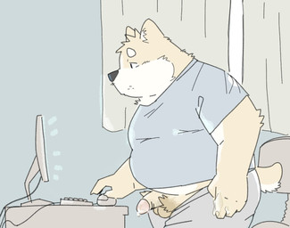 anthro balls belly big_belly bodily_fluids bottomwear clothing computer cum cum_on_hand electronics genital_fluids genitals humanoid_hands kemono male overweight overweight_male pants penis pubes shirt solo topwear fugashi4090 canid canine canis domestic_dog mammal 2023