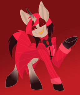 bow_(feature) bow_tie clothing horn male red_background simple_background smile solo suit red_panda_qt friendship_is_magic hasbro hazbin_hotel hellaverse my_little_pony mythology alastor_(hazbin_hotel) equid equine mammal mythological_creature mythological_equine unicorn absurd_res crossover hi_res source_request