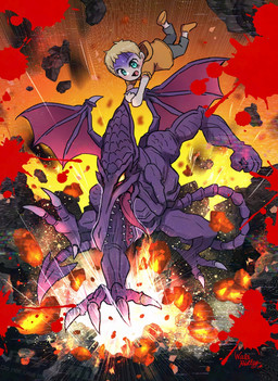blood blood_splatter bodily_fluids duo explosion female humor male parody sharp_teeth teeth tongue wings young wata-ridley donkey_kong_bananza european_mythology metroid mythology nintendo ridley samus_aran alien dragon human mammal mythological_creature mythological_scalie scalie western_dragon crossover hi_res