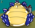 3_toes 4_fingers air_inflation air_tank anthro belly big_beard big_belly blue_body blue_scales blue_skin feet fingers foot_focus front_view glistening glistening_belly glistening_body glistening_chest glistening_feet glistening_hands glistening_pecs glistening_scales glistening_skin glistening_tail huge_belly humanoid_feet inflation inflation_fetish lines_drawn male multicolored_body multicolored_scales multicolored_skin pecs plantigrade raised_tail scales sitting soles solo tail toes two_tone_body two_tone_scales two_tone_skin yellow_belly yellow_chest yellow_underbelly fruitgems kratts'_creatures pbs ttark dinosaur prehistoric_species reptile scalie 2018 digital_drawing_(artwork) digital_media_(artwork) shaded signature