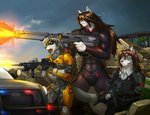 anthro assault_rifle blue_eyes breasts brown_eyes brown_hair bulletproof_vest clothed clothing detailed_background female fur g36 grey_body grey_fur group gun hair holding_object holding_weapon m4 male mask multicolored_body multicolored_fur muscular muscular_anthro muscular_female open_mouth raining ranged_weapon rifle rilfe tail tongue two_tone_body two_tone_fur weapon white_body white_fur yellow_eyes link2004 canid canine canis felid leopard mammal pantherine wolf hi_res