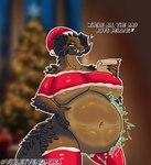 anthro anthro_pred belly big_belly big_breasts bloated breasts christmas_clothing clothing dialogue digestion digestion_noises duo female female_pred hand_on_belly holidays legwear male male/female midriff navel onomatopoeia sound_effects talking_to_self text thigh_highs vore violet_venomora christmas fallout microsoft deathclaw scalie digital_media_(artwork) english_text hi_res