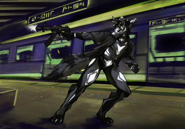 anthro clothing cybernetic_leg cybernetic_limb gun jacket male ranged_weapon running science_fiction shooting solo topwear train vehicle weapon absurd_res hi_res