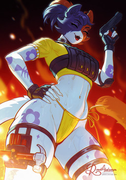 anthro bodily_fluids camel_toe clothed clothed_anthro clothed_female clothing collar crop_top female fire fur fur_markings gloves gun hair handwear markings multicolored_body multicolored_fur navel panties ponytail pose ranged_weapon shirt smile solo straps sweat sweaty_body t-shirt teeth topwear underwear weapon white_body road~abelgeym epic_games fortnite cate_meowdy domestic_cat felid feline felis mammal absurd_res hi_res pinup