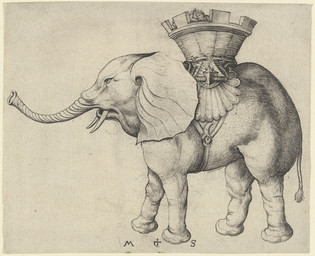 ambiguous_feral ambiguous_gender ambiguous_human feral feral_focus group proboscis_(anatomy) quadruped saddle side_view simple_background solo_focus standing tail tail_tuft trio trunk_(anatomy) tuft tusks martin_schongauer public_domain elephant elephantid human mammal proboscidean 15th_century absurd_res ancient_art hi_res monochrome signature traditional_media_(artwork)