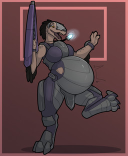 after_transformation anthro armor breasts brown_body brown_eyes claws clothing crystal digitigrade female gender_transformation gun holding_object holding_weapon implied_transformation jewelry looking_down looking_down_at_belly looking_down_at_self necklace on_one_leg open_mouth pregnant pregnant_anthro pregnant_female ranged_weapon rifle simple_background solo species_transformation standing teeth tongue torn_clothing transformation weapon bastiel halo_(series) mayternity mayternity_2026 microsoft xbox_game_studios alien kig-yar ruuhtian scalie 2026 digital_drawing_(artwork) digital_media_(artwork) english_description hi_res