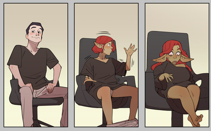 barefoot big_breasts black_clothing black_hair black_shirt black_topwear bottomwear breasts chair clothing feet female furniture gender_transformation hair human_to_humanoid humanoid_pointy_ears male mid_transformation mtf_transformation not_furry on_chair pants pointy_ears red_hair shirt shocked short_stackification shortstack shortstack_female shrinking simple_background sitting sitting_on_chair size_transformation smile solo species_transformation surprised topwear transformation underwear castledolphyn goblin human humanoid mammal 2023 digital_media_(artwork) hi_res sequence