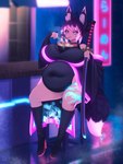 belly big_belly big_breasts breasts chopsticks eating female food hair huge_breasts katana melee_weapon multicolored_hair navel noodles overweight overweight_female overweight_humanoid pink_hair purple_eyes purple_hair ramen solo standing sword text thick_thighs weapon cakecatboy animal_humanoid humanoid absurd_res character_request hi_res japanese_text