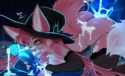 anthro big_breasts bodily_fluids breasts cosplay cum cum_drip cum_inside cumshot dripping ejaculation female female_focus genital_fluids genitals group licking magic_user male male/female mmf_threesome oral penile penis penis_lick pink_body saliva saliva_drip sex smile solo_focus thick_thighs tongue translucent translucent_penis trio witch witch_costume tutifruti_(artist) daisy_(katson) felid feline ghost mammal spirit absurd_res hi_res