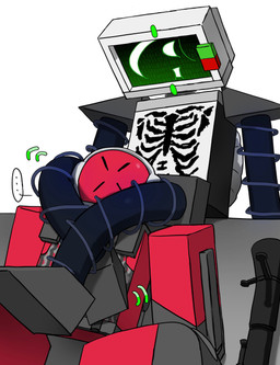 blush duo electronics for_a_head head_between_thighs looking_at_another machine male not_furry on_model ranged_weapon rocket_launcher screen screen_face simple_background sitting smile television thought_bubble weapon 8q_lab die_of_death roblox badware_(die_of_death) killdroid_(die_of_death) humanoid object_head robot robot_humanoid screen_head tv_head absurd_res hi_res