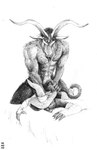 anthro bodily_fluids clothed clothing cum dominant dominant_male duo genital_fluids genitals hat headgear headwear legwear leviathan_cross male male/male muscular muscular_anthro muscular_male nude penis satanic simple_background submissive submissive_male thigh_highs witch_hat momamo satan bovid caprine domestic_cat felid feline felis goat mammal hi_res monochrome traditional_media_(artwork)