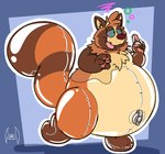 5_fingers air_valve anthro belly big_belly big_tail blue_background brown_arms brown_body brown_ears brown_fur brown_markings brown_nose eyebrows facial_markings fingerpads fingers fur geometric_background head_markings head_tuft huge_tail hypnosis implied_inflation inflatable inflatable_transformation leg_markings male markings mid_transformation mind_control neck_tuft overweight overweight_anthro overweight_male pawpads pink_pawpads pink_tongue ring_(marking) ringed_eyes simple_background snout snout_markings socks_(marking) solo tail tan_belly tan_body tan_eyebrows tan_fur tan_inner_ear tan_markings tongue toony transformation tuft soul-silver-dragon marcus_fukuyama animate_inanimate canid canine living_inflatable mammal raccoon_dog tanuki 2017 digital_media_(artwork) hi_res