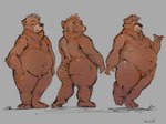 anthro back_tuft belly big_belly big_butt brown_body brown_fur butt crotch_tuft front_view fur grey_background head_tuft male narrowed_eyes navel nude overweight overweight_anthro overweight_male rear_view simple_background solo standing tuft oselotti bear mammal 2023 hi_res model_sheet signature