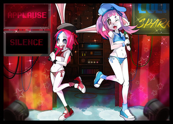 adolescent anthro beret biped black_border blue_clothing blue_crop_top blue_footwear blue_hat blue_headwear blue_highlights blue_panties blue_shirt blue_shoes blue_sneakers blue_topwear blue_underwear blush blush_lines border buckteeth clothed clothing crop_top duo electronics eyebrows female flat_chested footwear front_view fur hair hat headgear headwear highlights_(coloring) holding_microphone holding_object long_ears long_hair microphone midriff navel on_one_leg one_eye_closed open_mouth open_smile panties pink_hair red_clothing red_crop_top red_footwear red_hair red_panties red_shirt red_shoes red_sneakers red_topwear red_underwear shirt shoes singing skimpy smile sneakers standing teeth text tongue tongue_out topwear underwear white_body white_fur wink young young_anthro young_female cesar23 bovid caprine goat lagomorph leporid mammal rabbit 2026 english_text hi_res
