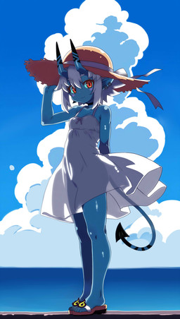 bare_legs bare_shoulders blue_body blue_skin blue_sky breasts clothing cloud dress ear_piercing female footwear hair hat headgear headwear horn looking_at_viewer not_furry piercing pointy_ears red_eyes sandals shoes short_hair sky small_breasts smile solo spade_tail straw_hat sundress tail white_clothing white_dress white_hair young uzuki_tenchan asian_mythology east_asian_mythology japanese_mythology mihoyo mythology zenless_zone_zero soukaku demon horned_humanoid humanoid oni yokai absurd_res blue_theme full-length_portrait hi_res portrait