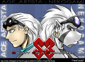 anthro duo ear_piercing eyewear eyewear_on_head goggles goggles_on_head hair looking_aside male piercing dark_nek0gami gami_cross grei human mammal