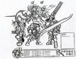 anthro armor biped bovid bovine domestic_cat ear_piercing european_mythology felid feline felis female greek_mythology greyscale group gui gun hair holding_object holding_weapon homage jmadoc male mammal melee_weapon minotaur monochrome muscular muscular_male mythology piercing ponytail profile ranged_weapon simple_background sword valkyrie weapon white_background