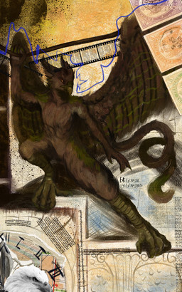ambiguous_gender anthro beak biped clock feet fingers fur mouth_closed pose solo stamp tail talons toes wings wire leprzil mythology avian gryphon mythological_avian mythological_creature 2026 5:8 collage_(artwork) hi_res